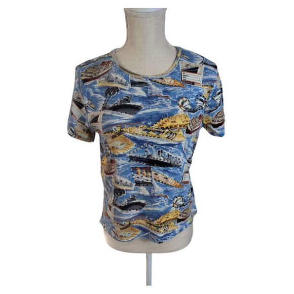 VTG Y2K Take Two Womens Sz Large Blue Printed Beaded Cotton Knit Top Cruise Ship - Picture 1 of 6